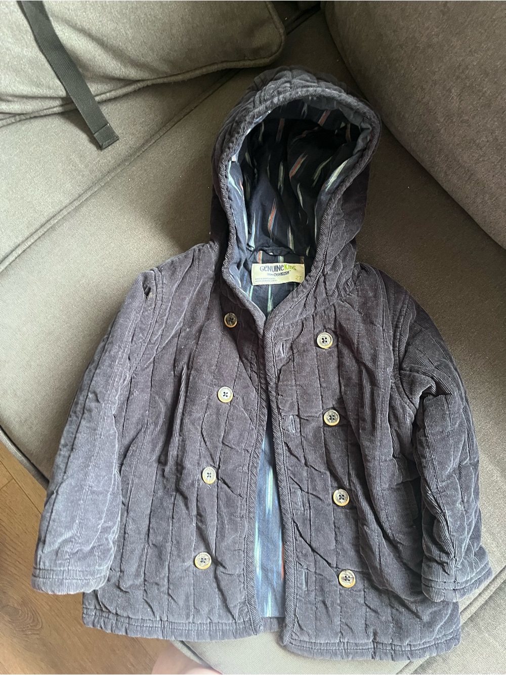 Kids Double-Breasted Hooded Corduroy Pea Coat - Brown